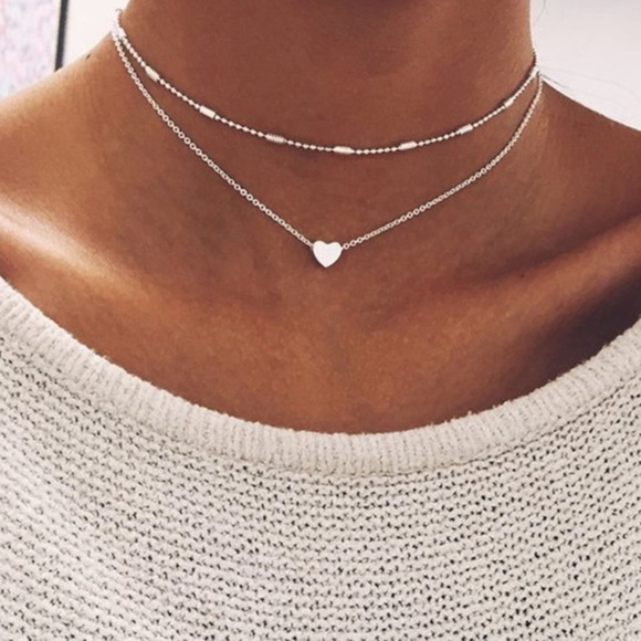 Jewelry - Cute Set Silver Heart Ball Chain Choker Necklace